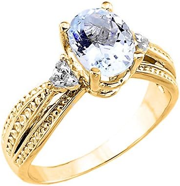Women&#39;s 14k Yellow Gold Diamond Band Oval Aquamarine Engagement Ring
