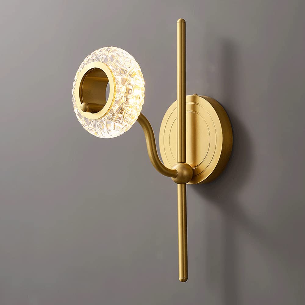 CWCQGH Wall Sconces, Ring Brass Wall Light, Copper Wall Lamp with Round Glass Shade, Modern 8W LED 3 Color Mode Wall Lights, Simple Bedroom Bedside Decorative Lighting Wall Sconce