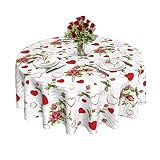 Round Tablecloth 60 Inch, Valentine's Day White Vintage Red Heart Rose Table Cloth for Rustic Farmho