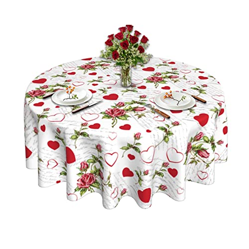 Round Tablecloth 60 Inch, Valentine's Day White Vintage Red Heart Rose Table Cloth For Rustic Farmhouse Kitchen Decor, Waterproof Wipeable Polyester Fabric Table Cover For Outdoor Holiday Party #TOP17