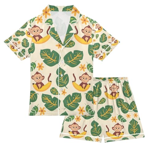 senya Cartoon Banana Monkey Satin Summer Pajama Sets Silk Short Sleeve Button Down Sleepwear