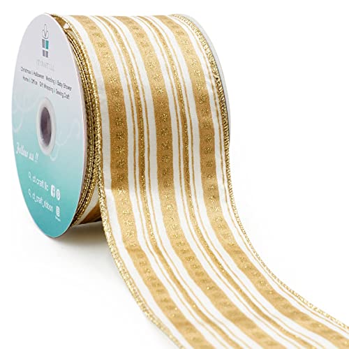 CT CRAFT LLC White Satin Gold Stripe Wired Ribbon 2.5 Inch x 10 Yards for Christmas Home Decor Tree Topper Bow Gift Wrapping DIY Crafts Wreath Garland Wedding