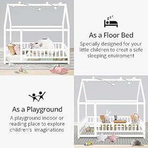 Lls twin size house bed for children solid wood floor bed frame with fence guardrails and roof montessori bed playhouse bed for children girls and boys whiteno bed slats  urban country home decor