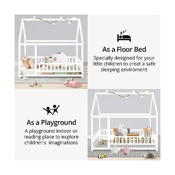 Lls twin size house bed for children solid wood floor bed frame with fence guardrails and roof montessori bed playhouse bed for children girls and boys whiteno bed slats  urban country home decor