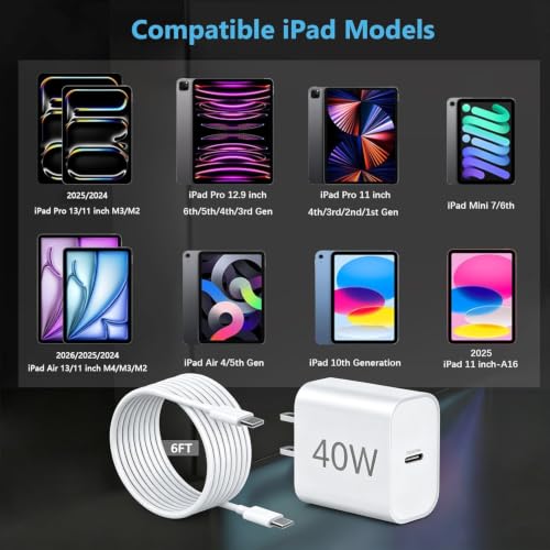 Image of iPad Pro Charger,iPad Charger Fast Charging,40W USB C Wall Charging Adapter with 6FT USBC to C Long Cable Cord for Apple iPad Pro 13 /12.9 /11 in 2026-2018,iPad 11th(A16),iPad Air 5th /4th,i Pad mini 6 /7