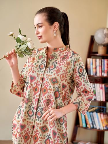 Image of Cotton Relaxed Fit Shirt & Trouser Co-Ord Set for Women |Front Openable Button and 3 /4 Sleeve Shirt |Two Pockets and Elasticated Waist Trouser | Casual Wear and Everyday Wear