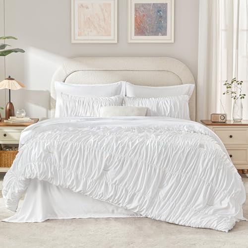 Image of Andency Ruched Oversized Queen Comforter Set White, 7 Pieces Ruffle Bed in a Bag, Shabby Chic Pleat Bedding Set with Comforter, Sheets, Pillowcase & Sham, Lightweight, Soft, All Season