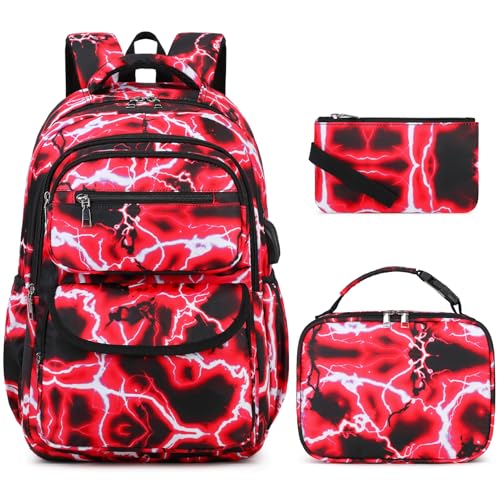 Bevalsa Backpack for Boys, Lightning School Bags with Lunch Bag & Pen Case for Kids, Bookbag for Boys Girls Teens (Red)