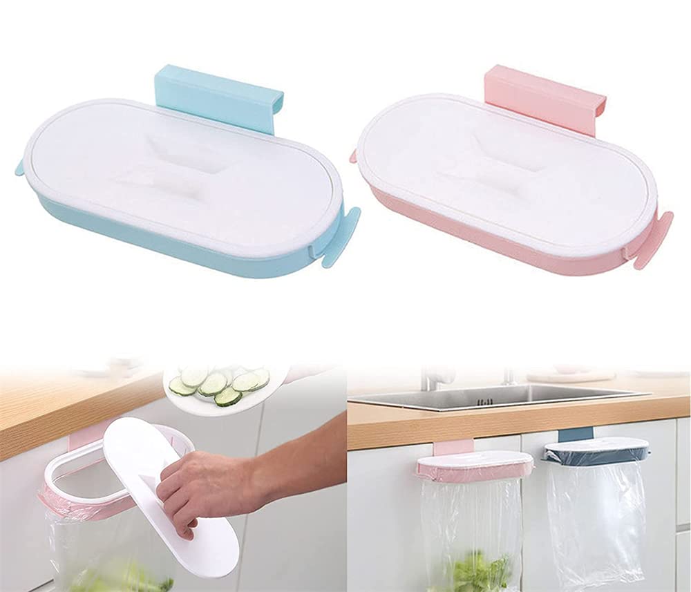 ELECDON 2Pack Portable Trash Bag Holder, Plastic Cupboard Hanging Garbage Bag Hanger with Lid for Kitchen Cupboard Cabinets Door Waste Bins Basket Trash Can Rubbish Storage Rack (Pink, Light Blue)