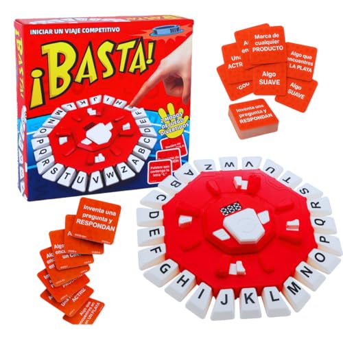 ¡BASTA! Juego de Mesa en Español, 2 Modos de Juego, Diseño Octogonal con 24 Letras, Juego de Palabras, Incluye 35 Cartas con 140 Categorías, Ideal para Niños y Adultos (Rojo y Blanco)