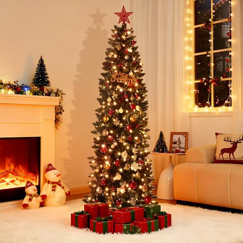 6FT Pre-Lit Christmas Tree, Artificial Pencil Holiday Decoration with 200 LED Light & 477 Tips, Metal Foldable Stand for Indoor and Outdoor Use, Green