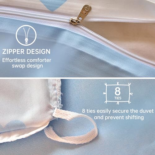 Image of BOLINLIVING Cute Duvet Cover Full Size, Reversible Light Blue & White Heart Print 3 Pieces Comforter Cover, Microfiber Bedding Set for All Season with Zipper Closure and Corner Ties