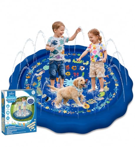 KiddoSpace Splash Pad for Kids Non-Slip Outdoor Water Play Mat with Learning Designs Fun Backyard Summer Activity for Toddlers and Children Includes Repair Kit BPA-Free