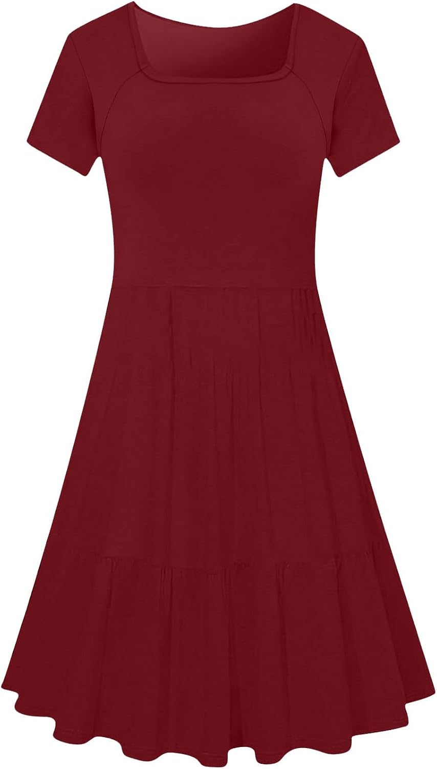 Women's Summer Casual Short Sleeve Square Neck Swing Dress Basic Flowy Midi Beach Dress Solid Color Wrap Sundress