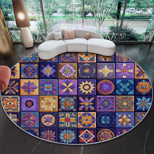 Alfombras Redondas 90 cm - Retro Patchwork Geométrico Azulejo Alfombras para Sala De Estar, Multicolor Alfombra Circular Antideslizante y Lavable para Interiores Habitación Infantil Dormitorio