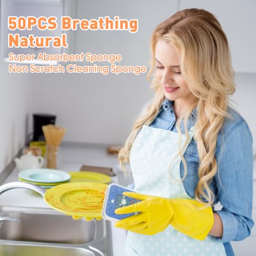 Image of Maxdot 50 Counts Compressed Cellulose Sponges Bulk Cat Style Natural Kitchen Compostable Non Scratch Dish Sponges for Washing Dishes, Cleaning Countertop Sink, Kids DIY