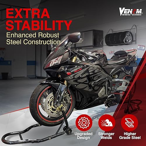 Venom Motorcycle Stand Lift, Front & Rear Combo, Universal Paddock Lift Stand, Front Wheel Fork Stand Rear Wheel Swingarm Spool Stand, Compatible With Most Yamaha Honda Kawasaki Suzuki BMW Motorcycles - Thumbnail 2