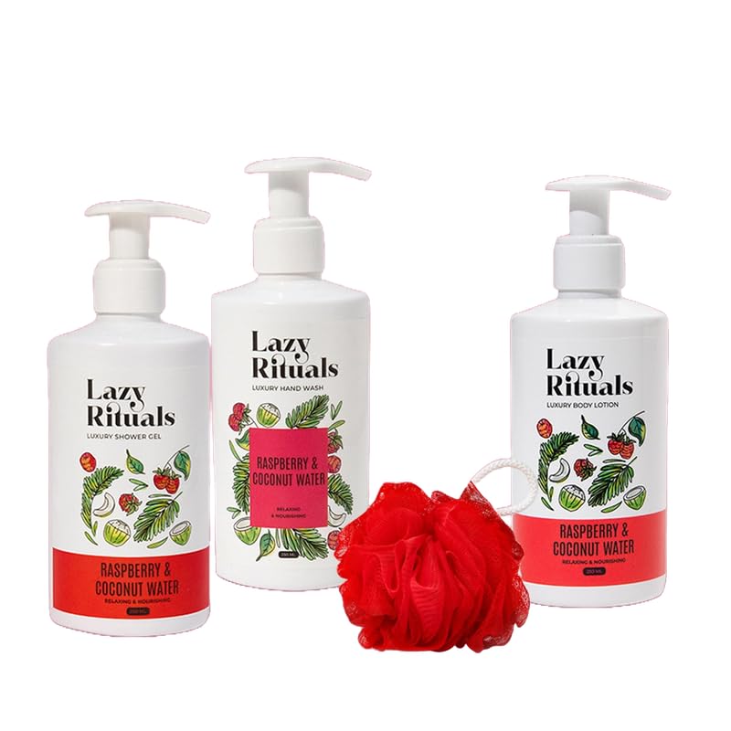 Raspberry and Coconut Water Body Care Set | Includes Shower Gel Hand Wash and Body Lotion with Loofah for Daily Skincare Suitable for All Skin Types