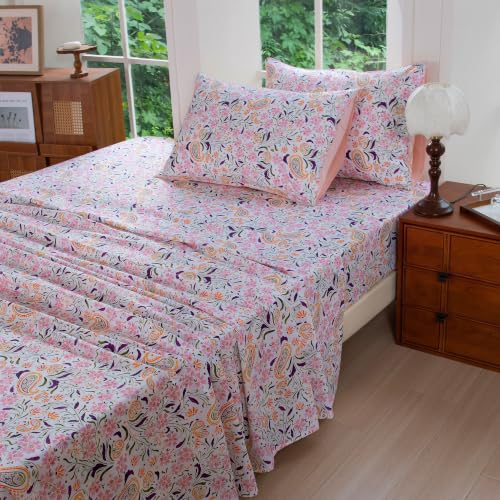 Image of FADFAY Cal King Pink Paisley 100% Egyptian Cotton Sheets Set 4 Piece, Vintage Botanical Cottagecore Bedding, Luxury Breathable Boho Floral Farmhouse Bedding with Deep Pocket Fitted Sheet All Seasons