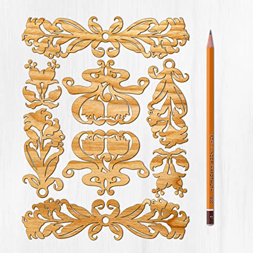 Ajoure Lasercut Embelishments # Tulip Peonies Art Deco Floral Pattern Border Vintage Veneer Wooden Chipboard Plywood Silhouette for Craft