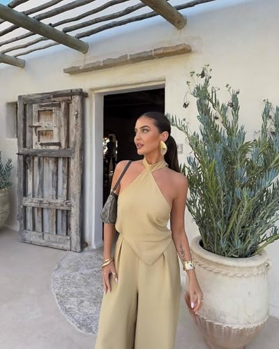 Wuitrie 2 Piece Sets for Women Going Out Tie Up Backless Halter Tops Wide Leg High Waisted Pants Business Casual Work Outfits3