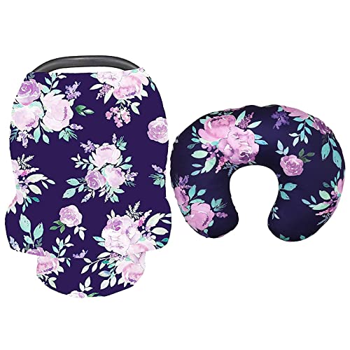 Image of Nursing Pillow Cover & Carseat Cover Set, Purple Floral Breastfeeding Pillow Slipcover & Car Seat Canopies for Baby Boys & Girls, Nursing Pillow Case & Stroller Covers for Newborn, Soft Fabri