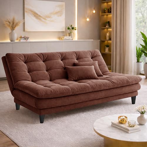 Image of Modern 3 Seater Sofa Cum Bed | Tufted Backrest | Velevt Fabric Upholstery | Living Room Furniture-Brown