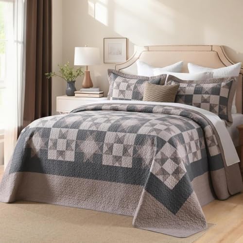 Image of EWlinens 100% Cotton 120 inchx120 inch Oversized King Bedspread - Rustic Cabin Star Patchwork Plaid Extra Large Quilts Bedding Set, Farmhouse Oversized King Quilt Bed Spread, 3 Pieces, Brown /Charcoal Gray