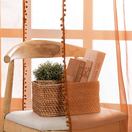 Miss Selectex Linen Look Pom Pom Tasseled Sheer Curtains - Rod Pocket Voile Semi-Sheer Curtains For Living And Bedroom, Set Of 2 Curtain Panels (52 X 72 Inch, Pumpkin Yellow) #TOP4