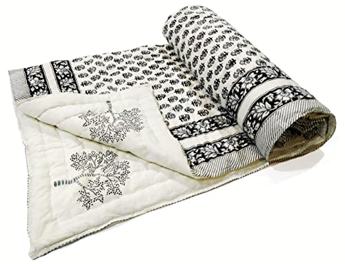 Image of BLOCKS OF INDIA Cotton Single Size Quilt Hand Block Print for Light Winters (60X90 Inches) (Grey Tree, Lightweight), 300 TC