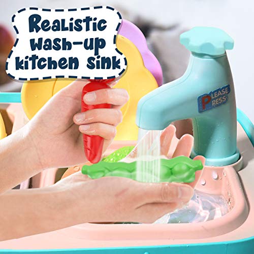 Cheffun Play Kitchen Set toys for Kids - Educational Pretend Play Camping Picnic BBQ Sink Toy Cooking Grill Basket with Musical Light Color Changing Food for Toddlers Age 3 4 5 6 7 Year Old Girls Boys