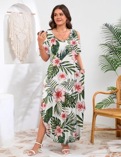 Image of JollieLovin Womens Plus Size Casual Summer Maxi Long Dress Cold Shoulder V Neck Beach Sundresses