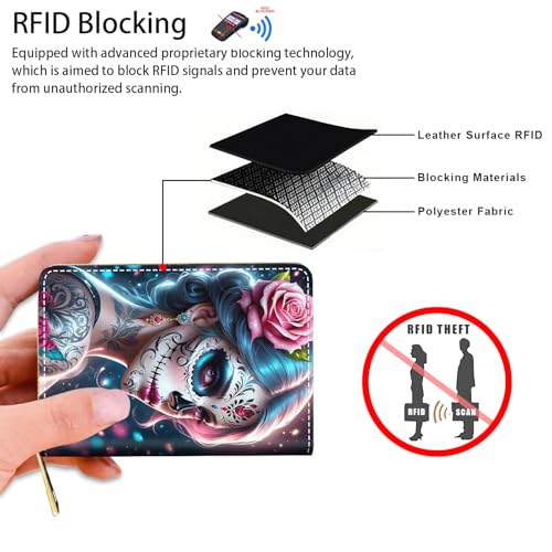 Credit Card Holder Wallets for Women, Small RFID Wallet Slim Leather Card Organizer Case with Zipper, Sugar Skull Girl Flower3