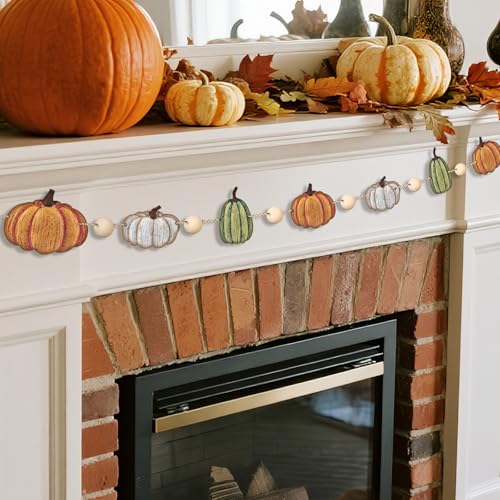 Fall Pumpkin Mantle Garland Wooden Rustic Fall Banner Vintage Autumn Harvest Festival Beads Garland Farmhouse Decorations Hanging Celebration Decoration for Home Party Supplies