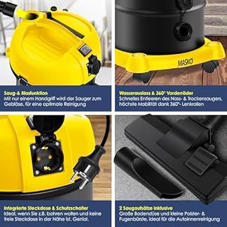 Masko® Aspirateur Industriel 6IN1 Aspirateur Eau et poussière Aspirateur Aspirateur à Cendres 2 300 W + Prise électrique Fonction soufflage Aspiration à Sec et Aspiration de l'eau (Gelb)