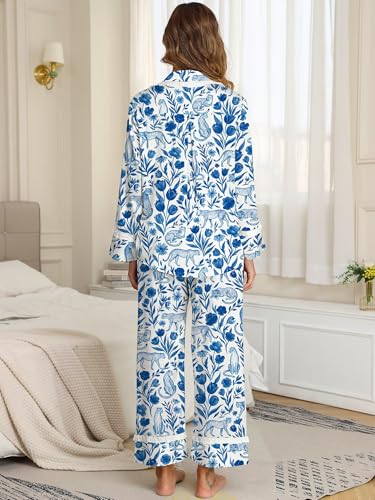Image of Jusfitsu Women's Silk Satin Pajamas Long Sleeve Ruffle Button Down Pjs Sets
