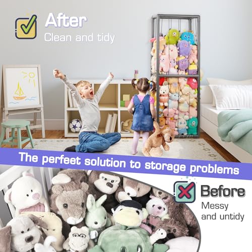 Image of Stuffed Animal Storage Zoo Holder Space Save, PVC Stuffed Animal Organizer | Vertical Plush Toy Organizer with Elastic Band and Net, Large Capacity Stuffy Storage for Playroom Bedroom Nursery