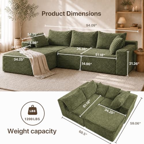 Image of Claiks 94 inch Boneless Couch, L-Shape Corduroy Modular Sectional Sofa Deep Seat,No Assembly Required, Green