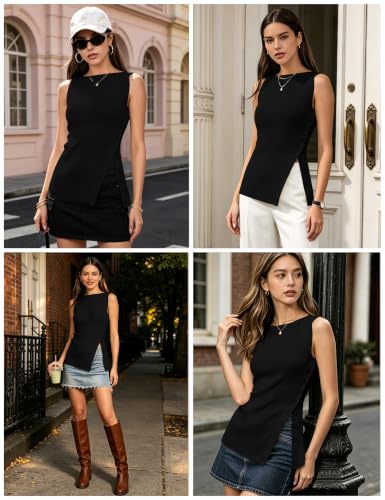 Image of OLAPTA Women Asymmetrical Button Down Side Split Sleeveless Tank Tops Boat Neck Slim Fit Summer Casual Side Button Knit Vest