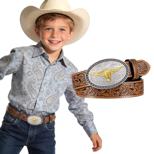 JKEEMI Kids Cowboy Belt for Boys Girls Removable Buckle and Adjustable Embossed PU Leather Girls Boys Western Belt for Jeans