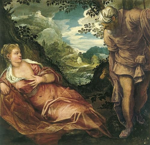 IPLUPJDY Pintura Sobre Lienzo Cuadro Famoso Pintura Sobre Lienzo el Encuentro de Judá y Tamar de Jacopo Robusti Tintoretto para Decoraciones del Hogar 60x90cm