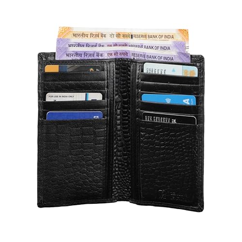 Image of Croco Pattern Genuine Leather Long Wallet | for Men & Women RFID Protected | 12 Card Slots | Travel Accessories (Black)