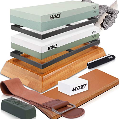 Knife Sharpening Stone Kit Professional Whetstone Sharpener Stone Set Knife Sharpening Stone Set - Premium 400/1000 3000/8000 Grit Water Stone with Flatting Stone, Non-slip Bamboo Base, Angle Guide