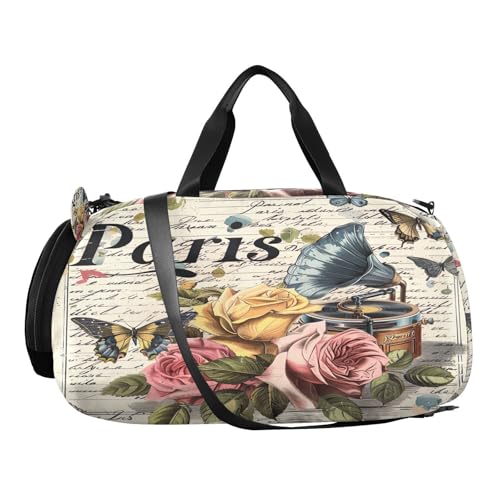YETTASBIN Sport Travel Duffel Bag for Girls Boys, Vintage Paris Poster Large Waterproof Weekender Overnight Bag, Detachable Shoulder Strap Gym Bag with Shoe Compartment & Wet Pocket2