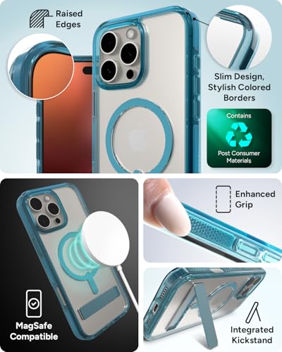 Image of ZAGG Santa Cruz Snap with Kickstand Case for iPhone 16 Pro Max - MagSafe Compatible, 13ft Military-Grade Drop Protection, Reinforced with Graphene, Clear Case with Vibrant Color Accents, Retro Blue