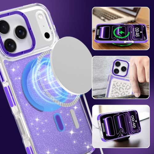 Image of Magnetic Case for iPhone 17 Pro Max [Compatible with Magsafe] [Bling Glitter Fluorescent Design] [1 Screen Protector] Slim Translucent Matte Case for iPhone 17 Pro Max 6.9 inch 2025, Purple