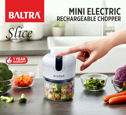 Image of BALTRA Slice Rechargeable Mini Electric Chopper, 250ml Food Grade Bowl, Stainless Steel Blades, One Touch Operation, 3 Stainless Steel Blades for Effortlessly Chopping Vegetables, Fruits 1yr Warranty