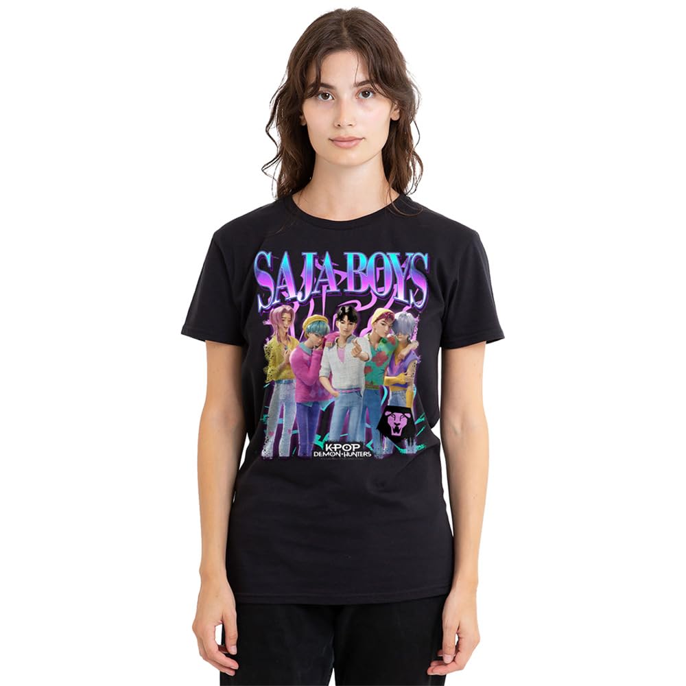 K-Pop Demon Hunters Women's Saja Boys Bootleg Ladies T Shirt, Black, Large, L