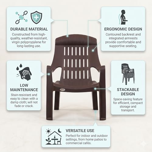 Image of Oaknest Supreme Comfy Relaxing Chair - Ergonomic High-Back Plastic Armchair for Home, Garden, Balcony & Patio | Heavy-Duty, Weather-Resistant & Easy to Clean | Globus Brown | Set of 1
