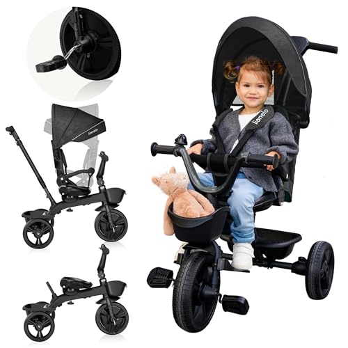 Lionelo Kori Dreirad mit Schubstange für Kinder ab 1,5 bis 5 Jahre, drehbarer Sitz, Magnesium-Rahmen, wartungsfreie Gummiräder, freies Rad, abnehmbares Vordach, 55 x 80 x 56 cm